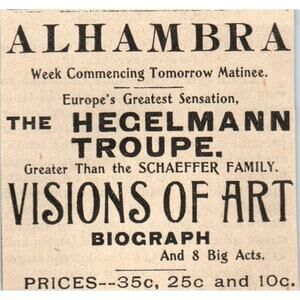 Alhambra - The Hegelmann Troupe Milwaukee 1898 Newspaper Clip AF7-SS9